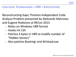 IBM Security Systems | © 2014 IBM Corporation
Reconstructing Gapz: Position-Independent Code
Analysis Problem presented by Aleksandr Matrosov
and Eugene Rodionov at RECon 2013
– Relies on Windows VBR format
– Hooks Int 13h
– Patches 4 bytes in VBR to modify number of
“Hidden Sectors”
– Also patches Bootmgr and Winload.exe
LOW-LEVEL TECHNOLOGIES > VBR > EXPLOITATION
 