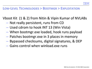 IBM Security Systems | © 2014 IBM Corporation
Vboot Kit (1 & 2) from Nitin & Vipin Kumar of NVLABs
– Not really persistent, runs from CD
– Used cdrom to hook INT 13 (Win Vista)
– When bootmgr.exe loaded, hook runs payload
– Patches bootmgr.exe in 3 places in memory
– Bypassed checksums, digital signatures, & DEP
– Gains control when winload.exe runs
LOW-LEVEL TECHNOLOGIES > BOOTMGR > EXPLOITATION
 