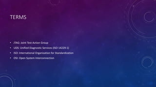 TERMS
• JTAG: Joint Test Action Group
• UDS: Unified Diagnostic Services (ISO 14229-1)
• ISO: International Organization for Standardization
• OSI: Open System Interconnection