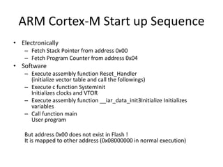ARM Cortex-M Start up Sequence
• Electronically
– Fetch Stack Pointer from address 0x00
– Fetch Program Counter from address 0x04
• Software
– Execute assembly function Reset_Handler
(initialize vector table and call the followings)
– Execute c function SystemInit
Initializes clocks and VTOR
– Execute assembly function __iar_data_init3Initialize Initializes
variables
– Call function main
User program
But address 0x00 does not exist in Flash !
It is mapped to other address (0x08000000 in normal execution)
 