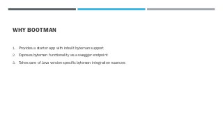 WHY BOOTMAN
1. Provides a starter app with inbuilt byteman support
2. Exposes byteman functionality as a swagger endpoint
3. Takes care of Java version specific byteman integration nuances
 