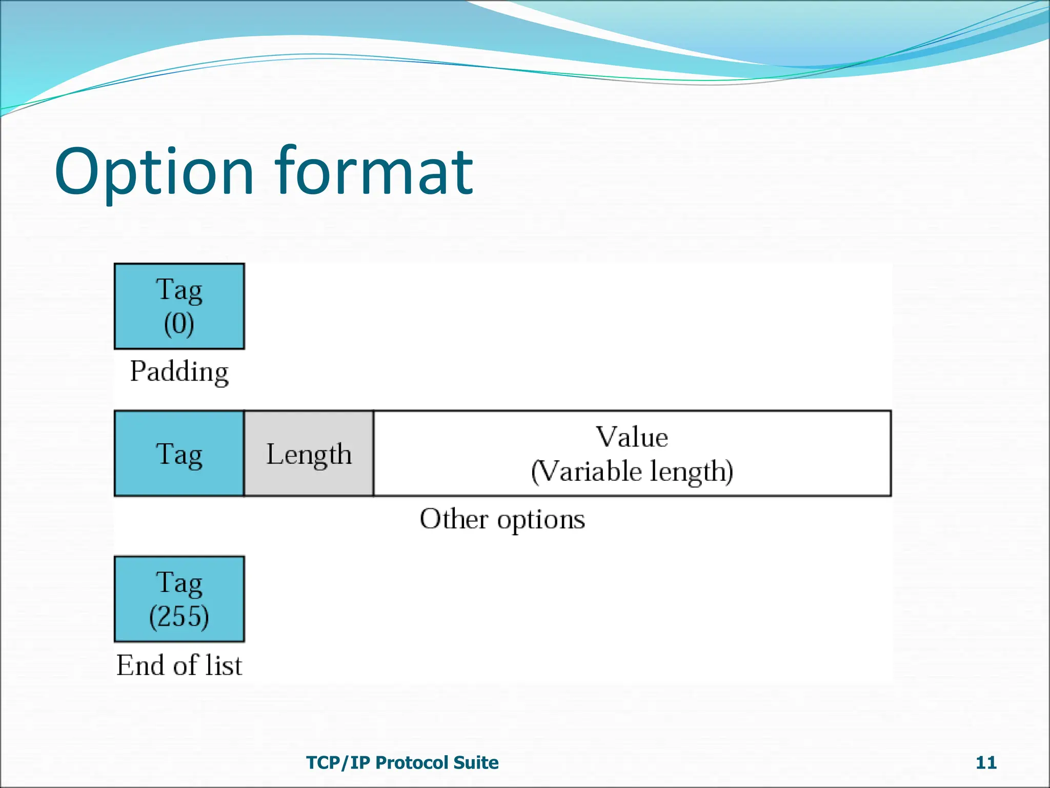 Option format
TCP/IP Protocol Suite 11
 