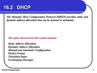 TCP/IP Protocol Suite 1
16.2 DHCP
The Dynamic Host Configuration Protocol (DHCP) provides static and
dynamic address allocation that can be manual or automatic.
The topics discussed in this section include:
Static Address Allocation
Dynamic Address Allocation
Manual and Automatic Configuration
Packet Format
Transition States
Exchanging Messages
 