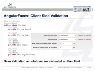 © OPITZ CONSULTING Deutschland GmbH 2016 Seite 28Modern HTML5 for JSF developers: BootsFaces and AngularFaces
AngularFaces: Client Side Validation
Bean Validation annotations are evaluated on the client
 