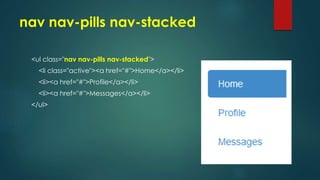 nav nav-pills nav-stacked
<ul class="nav nav-pills nav-stacked">
<li class="active"><a href="#">Home</a></li>
<li><a href="#">Profile</a></li>
<li><a href="#">Messages</a></li>
</ul>
 