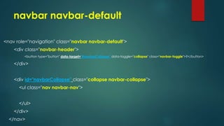navbar navbar-default
<nav role="navigation" class="navbar navbar-default">
<div class="navbar-header">
<button type="button" data-target="#navbarCollapse" data-toggle="collapse" class="navbar-toggle">?</button>
</div>
<div id="navbarCollapse" class="collapse navbar-collapse">
<ul class="nav navbar-nav">
</ul>
</div>
</nav>
 