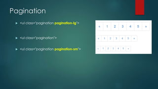 Pagination
 <ul class="pagination pagination-lg">
 <ul class="pagination">
 <ul class="pagination pagination-sm">
 