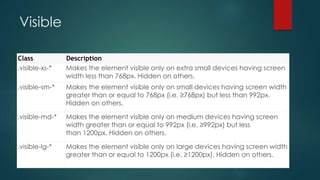 Visible
Class Description
.visible-xs-* Makes the element visible only on extra small devices having screen
width less than 768px. Hidden on others.
.visible-sm-* Makes the element visible only on small devices having screen width
greater than or equal to 768px (i.e. ≥768px) but less than 992px.
Hidden on others.
.visible-md-* Makes the element visible only on medium devices having screen
width greater than or equal to 992px (i.e. ≥992px) but less
than 1200px. Hidden on others.
.visible-lg-* Makes the element visible only on large devices having screen width
greater than or equal to 1200px (i.e. ≥1200px). Hidden on others.
 