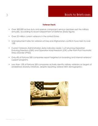 3                                                                  Boots to Briefcases


                                           Veteran Facts

    •    Over 300,000 active duty and reserve component service members exit the military
         annually, according to recent Department of Defense (DoD) figures

    •    Over 22 million current veterans in the United States

    •    Unemployment rates for veterans of Iraq and Afghanistan conflicts have risen to over
         15%

    •    Current Veterans Administration data indicates nearly ¼ of returning Operation
         Enduring Freedom (OEF) and Operation Iraqi Freedom (OIF) suffer from Post-Traumatic
         Stress Disorder (PTSD)

    •    Only 4% of Fortune 500 companies report targeted on-boarding and internal veterans’
         support programs

    •    Less than 15% of Fortune 500 companies actively identify military veterans as targets of
         established diversity initiatives, despite reporting veteran EEO demographics




Thin Red Line Consulting, LLC
 