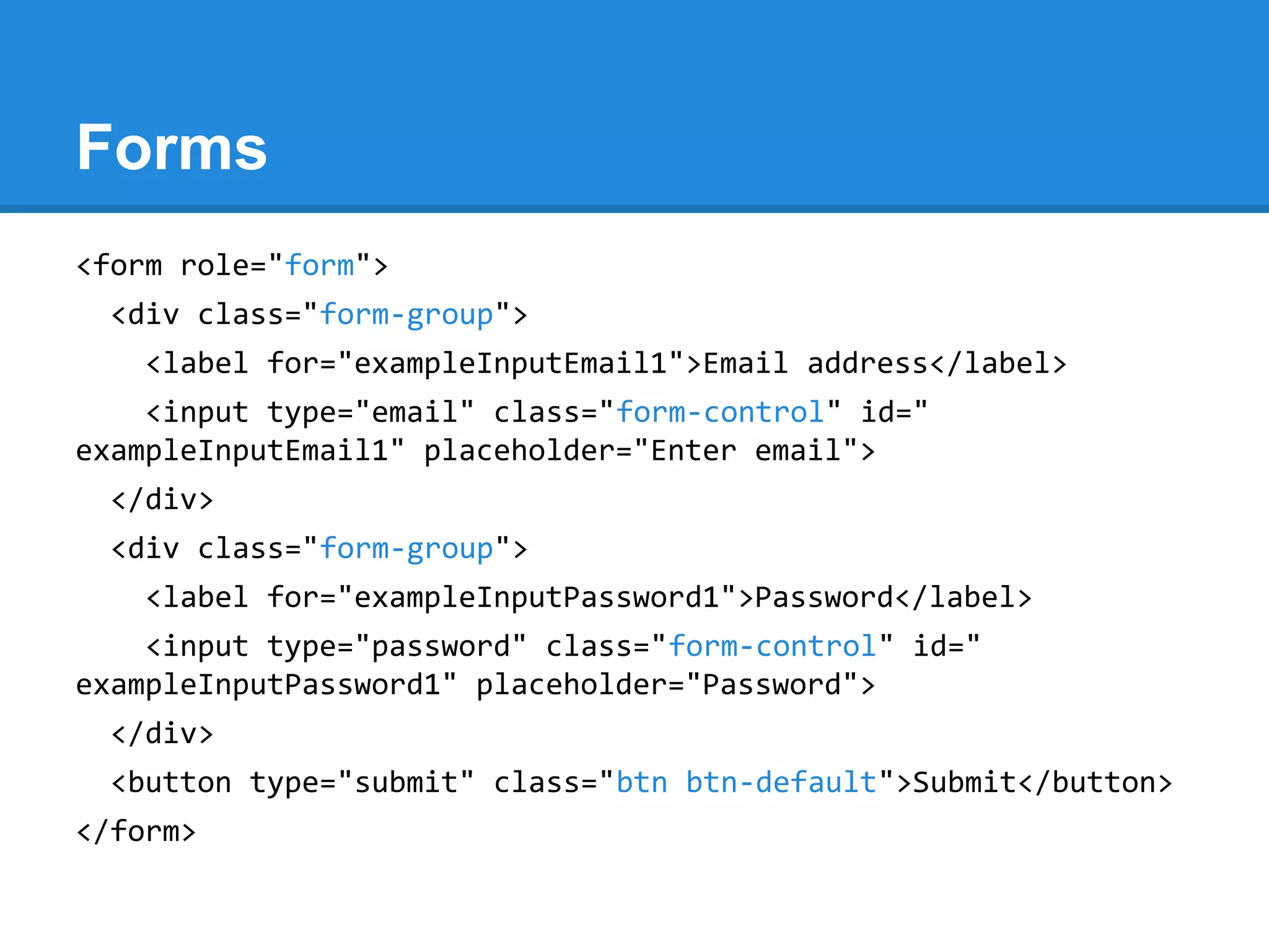 Forms
<form role="form">
<div class="form-group">
<label for="exampleInputEmail1">Email address</label>
<input type="email" class="form-control" id="
exampleInputEmail1" placeholder="Enter email">
</div>
<div class="form-group">
<label for="exampleInputPassword1">Password</label>
<input type="password" class="form-control" id="
exampleInputPassword1" placeholder="Password">
</div>
<button type="submit" class="btn btn-default">Submit</button>
</form>
 