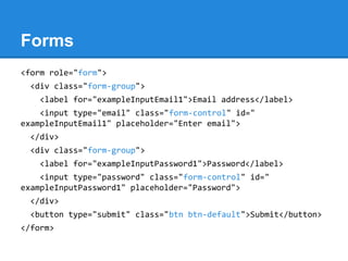 Forms
<form role="form">
<div class="form-group">
<label for="exampleInputEmail1">Email address</label>
<input type="email" class="form-control" id="
exampleInputEmail1" placeholder="Enter email">
</div>
<div class="form-group">
<label for="exampleInputPassword1">Password</label>
<input type="password" class="form-control" id="
exampleInputPassword1" placeholder="Password">
</div>
<button type="submit" class="btn btn-default">Submit</button>
</form>
 