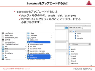 12 
Bootstrapをアップロードする(1/2) 
- Bootstrapをアップロードするには 
ü docsフォルダの中の、assets、dist、examples 
ü の3つのフォルダをフォルダごとアップロードする 
必要があります。 
Copyright (c) HEART QUAKE All rights reserved . 
 