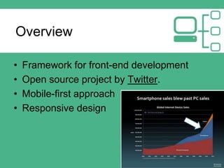 Overview
• Framework for front-end development
• Open source project by Twitter.
• Mobile-first approach
• Responsive design
 