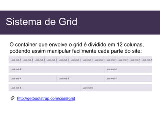 Sistema de Grid
O container que envolve o grid é dividido em 12 colunas,
podendo assim manipular facilmente cada parte do site:
http://getbootstrap.com/css/#grid
 