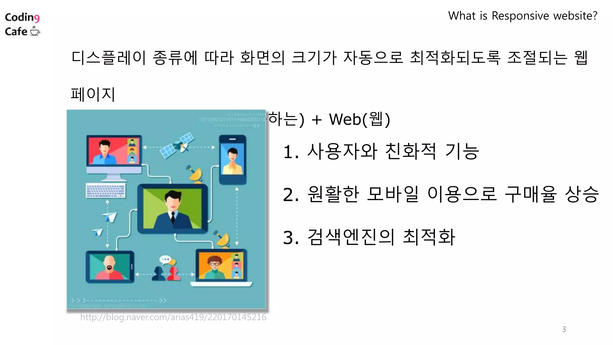 디스플레이 종류에 따라 화면의 크기가 자동으로 최적화되도록 조절되는 웹
페이지
즉, Responsive ( 즉각 반응하는) + Web(웹)
http://blog.naver.com/arias419/220170145216
1. 사용자와 친화적 기능
2. 원활한 모바일 이용으로 구매율 상승
3. 검색엔진의 최적화
What is Responsive website?
3
 