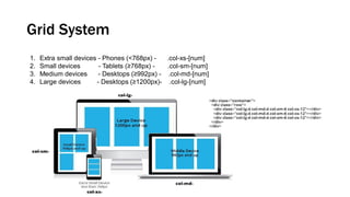 Grid System
1. Extra small devices - Phones (<768px) - .col-xs-[num]
2. Small devices - Tablets (≥768px) - .col-sm-[num]
3. Medium devices - Desktops (≥992px) - .col-md-[num]
4. Large devices - Desktops (≥1200px)- .col-lg-[num]
 