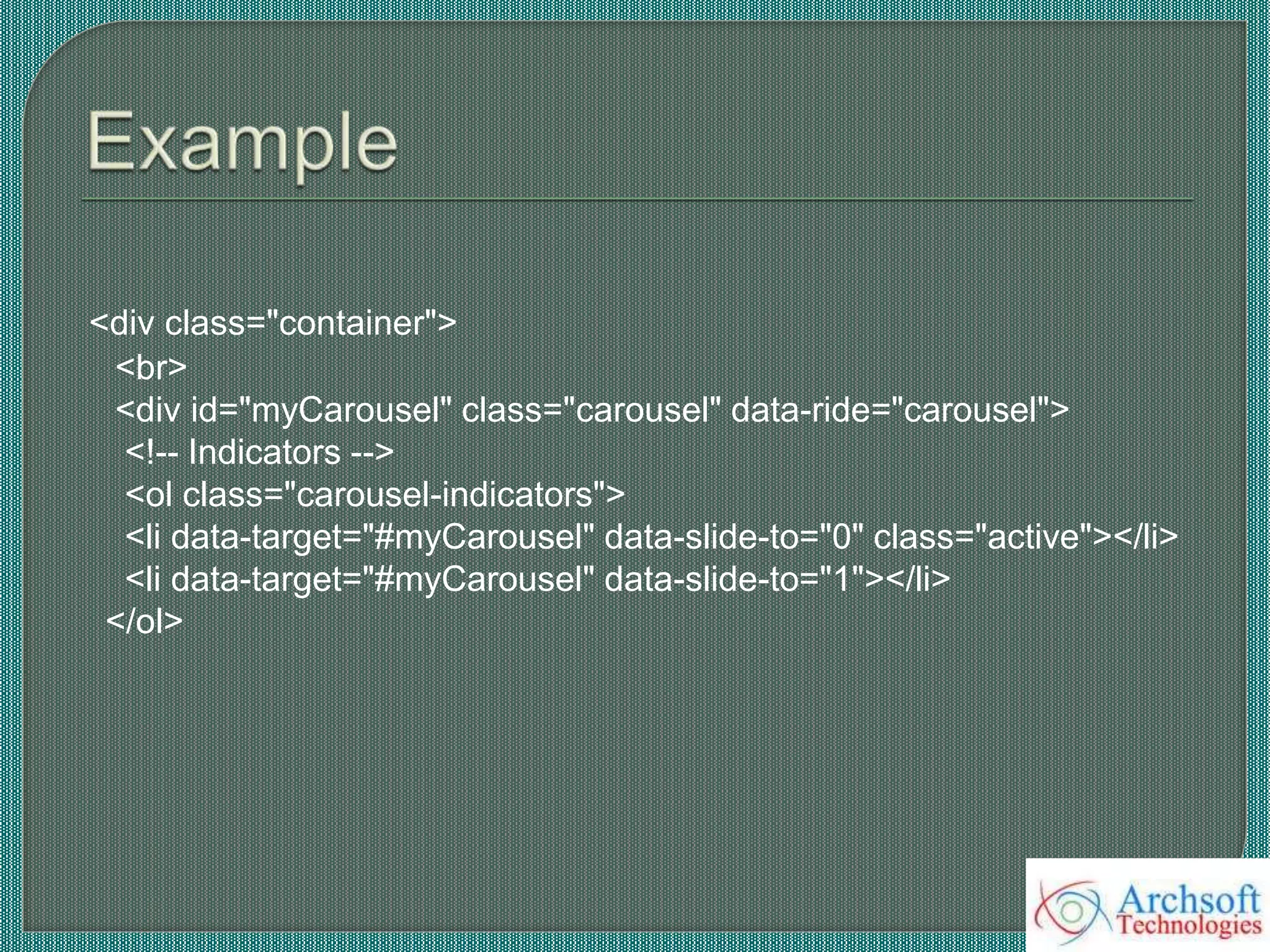 <div class="container">
<br>
<div id="myCarousel" class="carousel" data-ride="carousel">
<!-- Indicators -->
<ol class="carousel-indicators">
<li data-target="#myCarousel" data-slide-to="0" class="active"></li>
<li data-target="#myCarousel" data-slide-to="1"></li>
</ol>
 