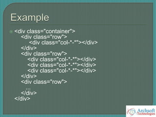  <div class="container">
<div class="row">
<div class="col-*-*"></div>
</div>
<div class="row">
<div class="col-*-*"></div>
<div class="col-*-*"></div>
<div class="col-*-*"></div>
</div>
<div class="row">
...
</div>
</div>
 