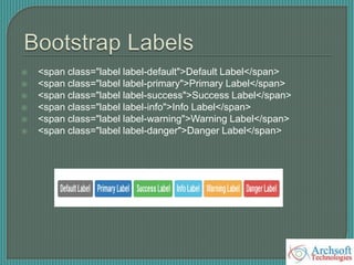  <span class="label label-default">Default Label</span>
 <span class="label label-primary">Primary Label</span>
 <span class="label label-success">Success Label</span>
 <span class="label label-info">Info Label</span>
 <span class="label label-warning">Warning Label</span>
 <span class="label label-danger">Danger Label</span>
 