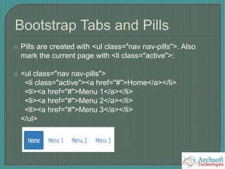  Pills are created with <ul class="nav nav-pills">. Also
mark the current page with <li class="active">:
 <ul class="nav nav-pills">
<li class="active"><a href="#">Home</a></li>
<li><a href="#">Menu 1</a></li>
<li><a href="#">Menu 2</a></li>
<li><a href="#">Menu 3</a></li>
</ul>
 