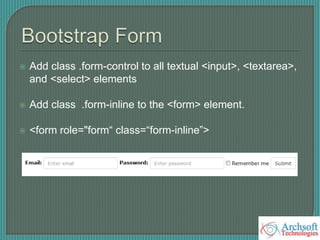 Add class .form-control to all textual <input>, <textarea>,
and <select> elements
 Add class .form-inline to the <form> element.
 <form role="form“ class=“form-inline”>
 