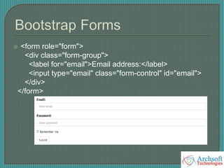  <form role="form">
<div class="form-group">
<label for="email">Email address:</label>
<input type="email" class="form-control" id="email">
</div>
</form>
 