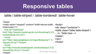 Responsive tables
.table /.table-striped / .table-bordered/ .table-hover
<body>
<div class="container">
<table class="table table-striped”>
…<!– Table here -->
</table>
</div>
</body>
…
…
<head>
<meta name="viewport" content="width=device-width,
initial-scale=1">
<link rel="stylesheet"
href="http://maxcdn.bootstrapcdn.com/bootstrap/3.3.5/
css/bootstrap.min.css">
<script
src="https://ajax.googleapis.com/ajax/libs/jquery/1.11.
3/jquery.min.js"></script>
<script
src="http://maxcdn.bootstrapcdn.com/bootstrap/3.3.5/j
s/bootstrap.min.js"></script>
</head>
Web Design Technology 13
 
