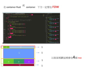 在 container-fluid container 下方一定要包 row
以版面規劃這裡會包4個 row
1
1
1
1
或
 