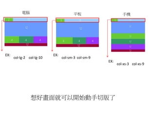 電腦 平板 手機
想好畫面就可以開始動手切版了
EX:
col-lg-2 col-lg-10
EX:
col-sm-3 col-sm-9
EX:
col-xs-3 col-xs-9
 