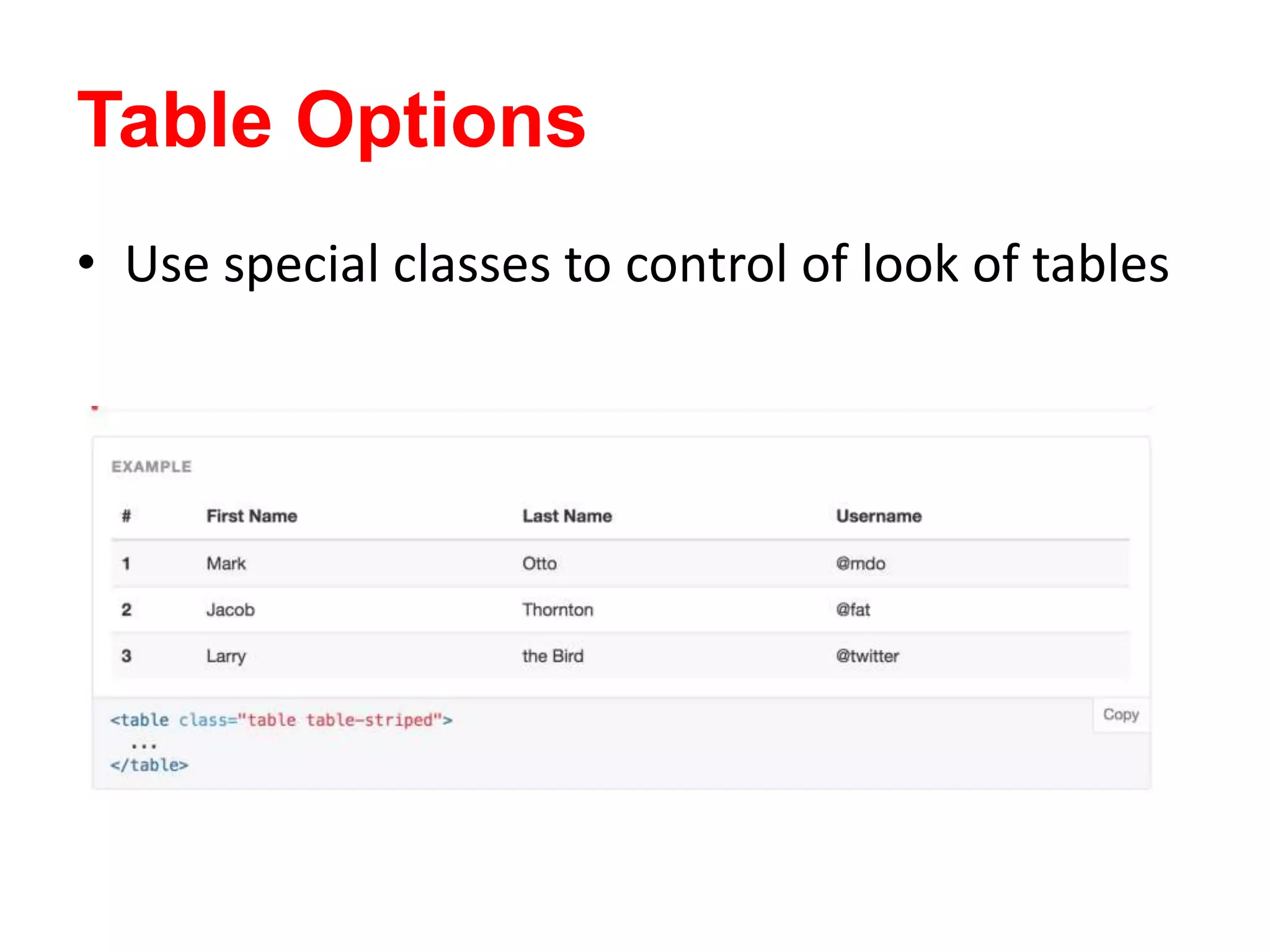 Table Options
• Use special classes to control of look of tables
 
