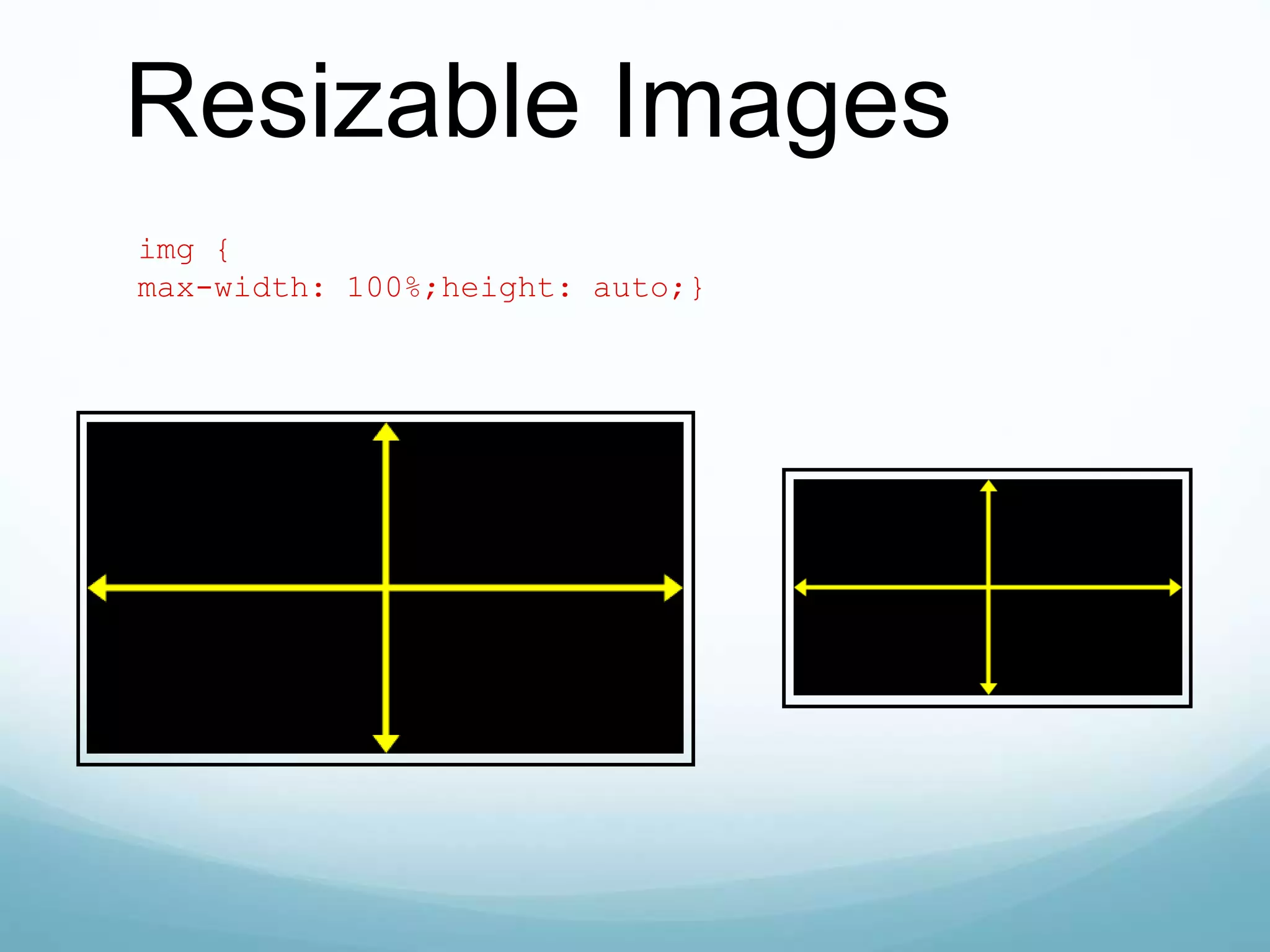 Resizable Images
img {
max-width: 100%;height: auto;}
 