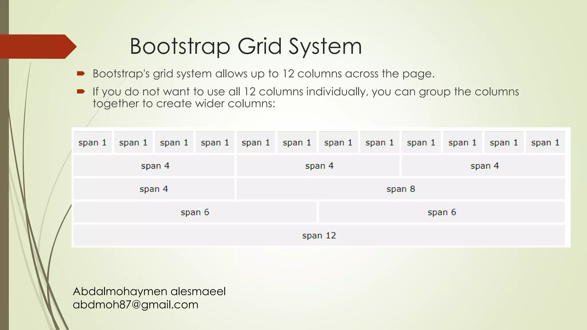 Abdalmohaymen alesmaeel
abdmoh87@gmail.com
Bootstrap Grid System
 Bootstrap's grid system allows up to 12 columns across the page.
 If you do not want to use all 12 columns individually, you can group the columns
together to create wider columns:
 