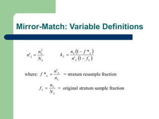 Mirror-Match: Variable Definitions
L
L
L
N
n
n
2
' 
 
 
L
L
L
L
L
f
n
f
n
k



1
'
*
1
where:
L
L
L
n
n
f
'
*  = stratum resample fraction
L
L
L
N
n
f  = original stratum sample fraction
 