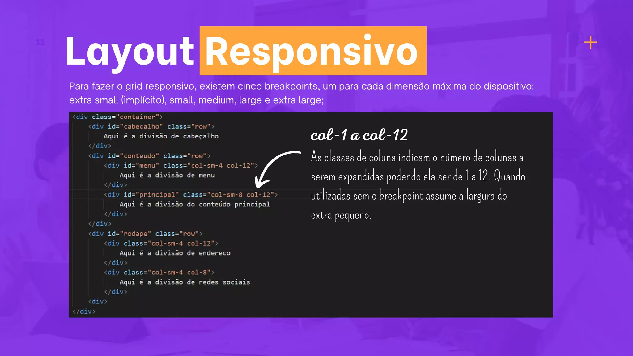 Para fazer o grid responsivo, existem cinco breakpoints, um para cada dimensão máxima do dispositivo:
extra small (implícito), small, medium, large e extra large;
col-1 a col-12
As classes de coluna indicam o número de colunas a
serem expandidas podendo ela ser de 1 a 12. Quando
utilizadas sem o breakpoint assume a largura do
extra pequeno.
Layout Responsivo
11
 