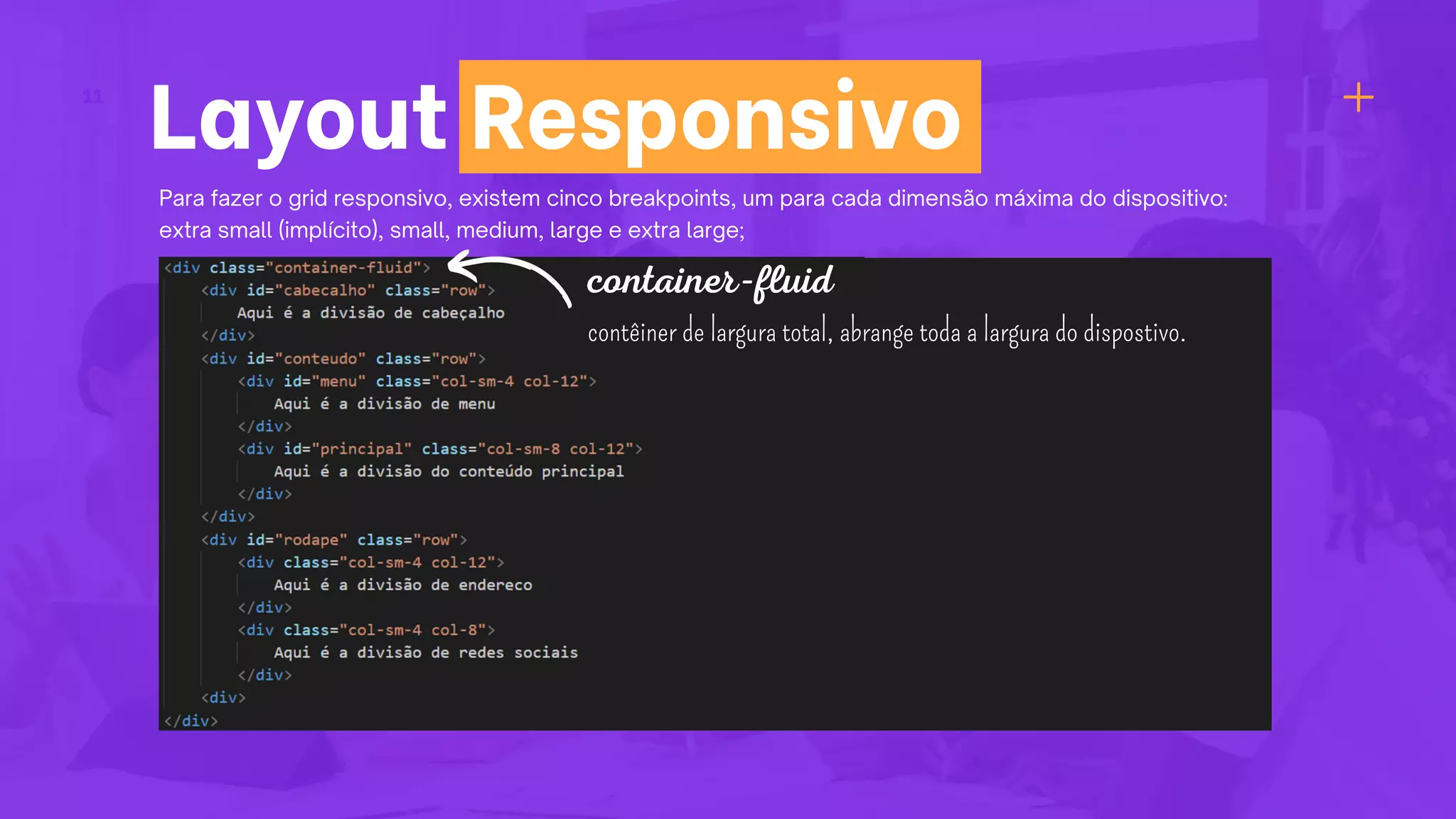 Para fazer o grid responsivo, existem cinco breakpoints, um para cada dimensão máxima do dispositivo:
extra small (implícito), small, medium, large e extra large;
Layout Responsivo
11
container-fluid
contêiner de largura total, abrange toda a largura do dispostivo.
 