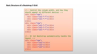 Basic Structure of a Bootstrap 5 Grid
<!-- Control the column width, and how they
should appear on different devices -->
<div class="row">
<div class="col-*-*"></div>
<div class="col-*-*"></div>
</div>
<div class="row">
<div class="col-*-*"></div>
<div class="col-*-*"></div>
<div class="col-*-*"></div>
</div>
<!-- Or let Bootstrap automatically handle the
layout -->
<div class="row">
<div class="col"></div>
<div class="col"></div>
<div class="col"></div>
</div>
 