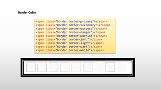 <span class="border border-primary"></span>
<span class="border border-secondary"></span>
<span class="border border-success"></span>
<span class="border border-danger"></span>
<span class="border border-warning"></span>
<span class="border border-info"></span>
<span class="border border-light"></span>
<span class="border border-dark"></span>
<span class="border border-white"></span>
Border Color
 