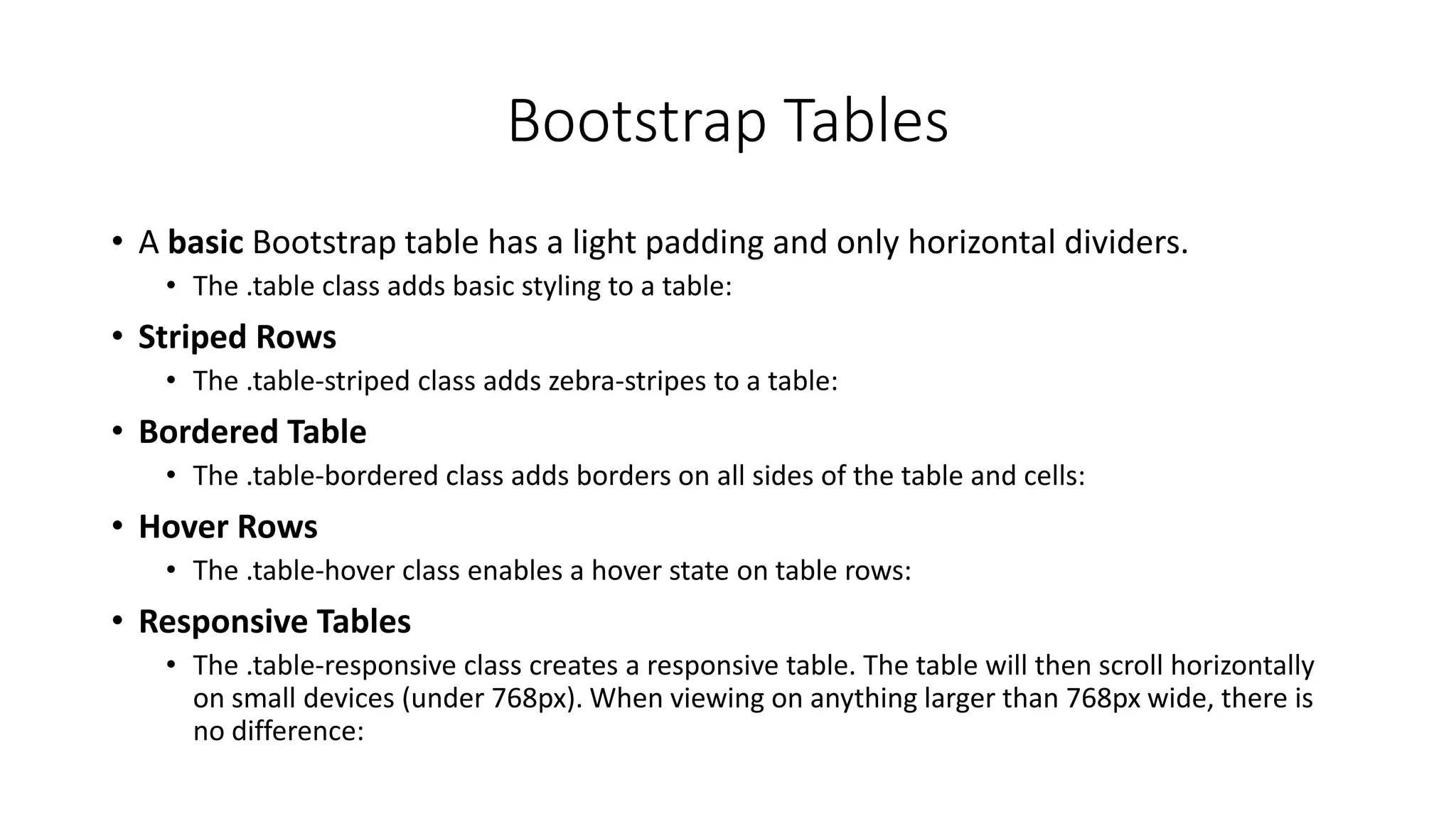 Bootstrap Tables
• A basic Bootstrap table has a light padding and only horizontal dividers.
• The .table class adds basic styling to a table:
• Striped Rows
• The .table-striped class adds zebra-stripes to a table:
• Bordered Table
• The .table-bordered class adds borders on all sides of the table and cells:
• Hover Rows
• The .table-hover class enables a hover state on table rows:
• Responsive Tables
• The .table-responsive class creates a responsive table. The table will then scroll horizontally
on small devices (under 768px). When viewing on anything larger than 768px wide, there is
no difference:
 