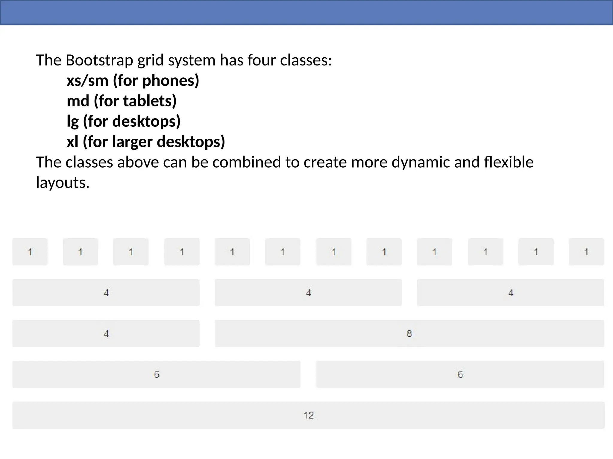 The Bootstrap grid system has four classes:
xs/sm (for phones)
md (for tablets)
lg (for desktops)
xl (for larger desktops)
The classes above can be combined to create more dynamic and flexible
layouts.
 