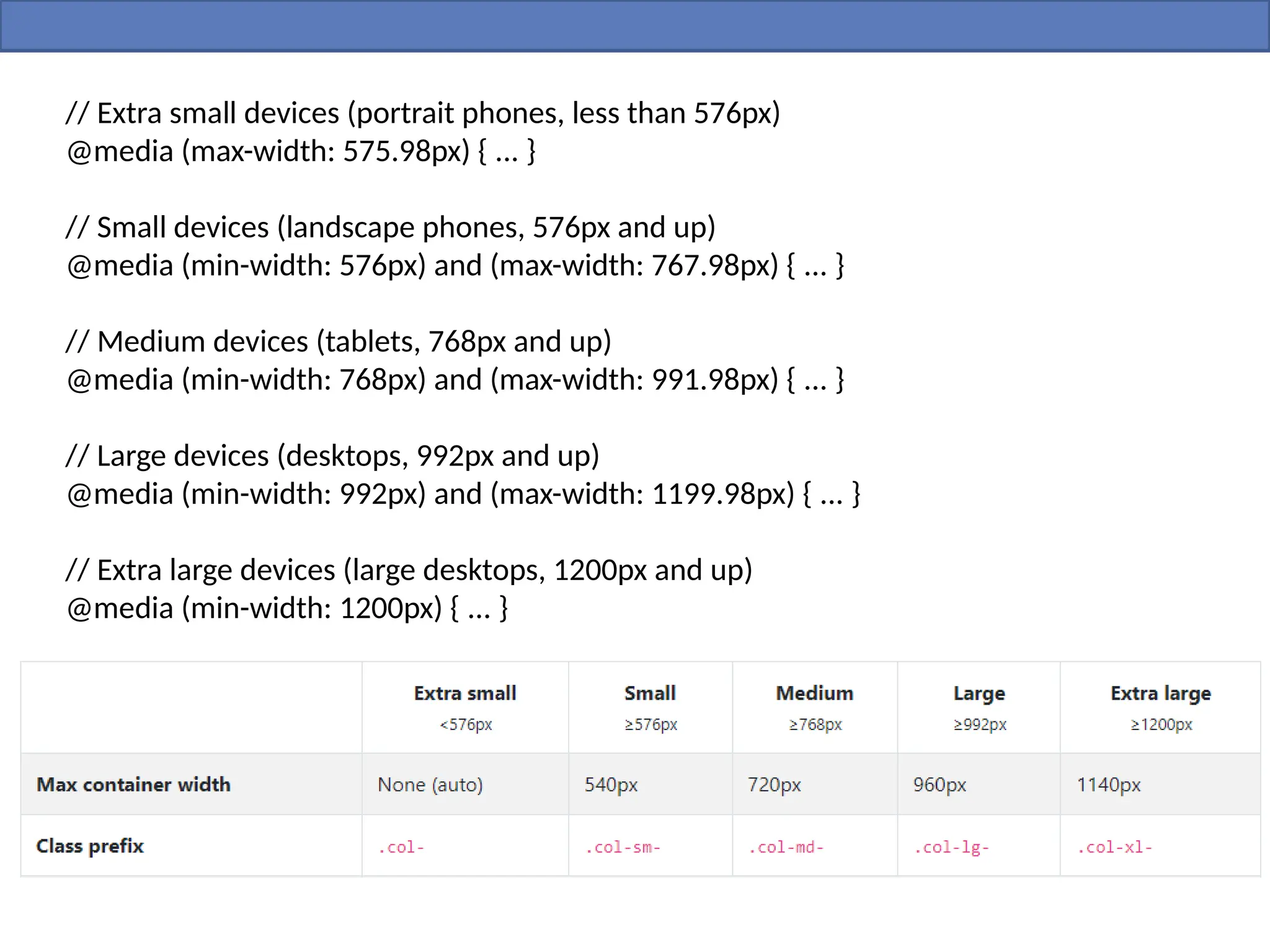// Extra small devices (portrait phones, less than 576px)
@media (max-width: 575.98px) { ... }
// Small devices (landscape phones, 576px and up)
@media (min-width: 576px) and (max-width: 767.98px) { ... }
// Medium devices (tablets, 768px and up)
@media (min-width: 768px) and (max-width: 991.98px) { ... }
// Large devices (desktops, 992px and up)
@media (min-width: 992px) and (max-width: 1199.98px) { ... }
// Extra large devices (large desktops, 1200px and up)
@media (min-width: 1200px) { ... }
 