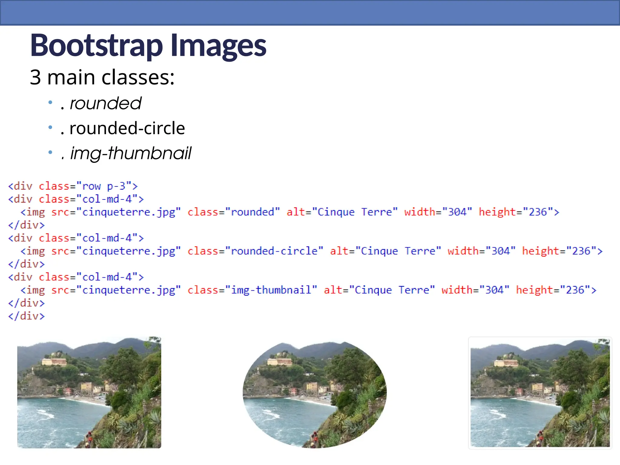 Bootstrap Images
3 main classes:
• . rounded
• . rounded-circle
• . img-thumbnail
 
