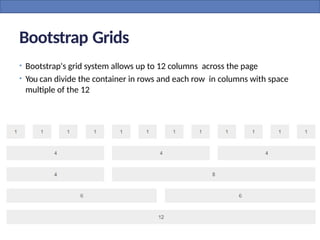 Bootstrap Grids
• Bootstrap's grid system allows up to 12 columns across the page
• You can divide the container in rows and each row in columns with space
multiple of the 12
 