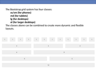 The Bootstrap grid system has four classes:
xs/sm (for phones)
md (for tablets)
lg (for desktops)
xl (for larger desktops)
The classes above can be combined to create more dynamic and flexible
layouts.
 