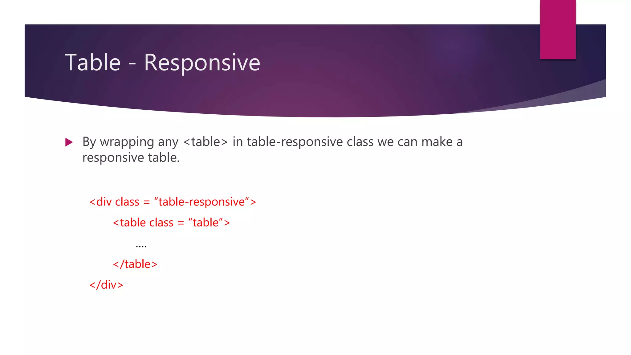 Table - Responsive
 By wrapping any <table> in table-responsive class we can make a
responsive table.
<div class = “table-responsive”>
<table class = “table”>
….
</table>
</div>
 
