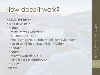 How does it work?
<!DOCTYPE html>
<html lang="en">




                                                               June 2012
 <head>
  <title>My Web Site</title>
  <!-- Bootstrap -->




                                                          New England • Andrea Tarr
                                                         Bootstrap Introduction • JUG
  <link href="css/bootstrap.min.css" rel="stylesheet">
  <script src="js/bootstrap.min.js"></script>
 </head>
 <body>
  <h1>My Web Site</h1>
  <p>This is a paragraph</p>
 </body>                                                             5
</html>
 