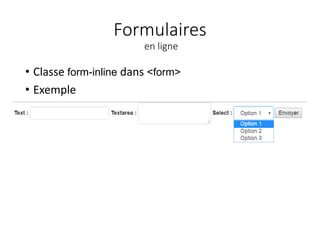 Formulaires
en ligne
• Classe form-inline dans <form>
• Exemple
 