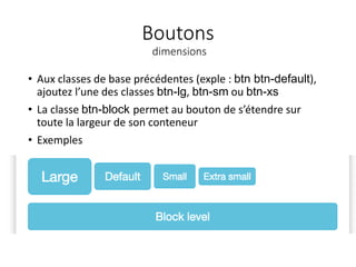 Boutons
dimensions
• Aux classes de base précédentes (exple : btn btn-default),
ajoutez l’une des classes btn-lg, btn-sm ou btn-xs
• La classe btn-block permet au bouton de s’étendre sur
toute la largeur de son conteneur
• Exemples
 