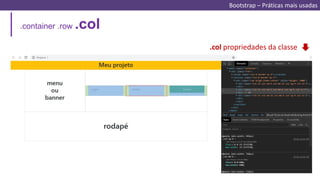 .col propriedades da classe
.container .row .col
Bootstrap – Práticas mais usadas
 