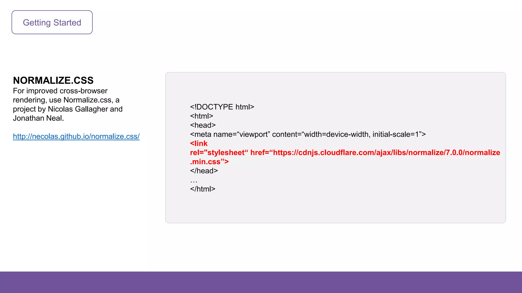 Getting Started
NORMALIZE.CSS
For improved cross-browser
rendering, use Normalize.css, a
project by Nicolas Gallagher and
Jonathan Neal.
http://necolas.github.io/normalize.css/
<!DOCTYPE html>
<html>
<head>
<meta name=“viewport” content=“width=device-width, initial-scale=1”>
<link
rel="stylesheet“ href=“https://cdnjs.cloudflare.com/ajax/libs/normalize/7.0.0/normalize
.min.css”>
</head>
…
</html>
 