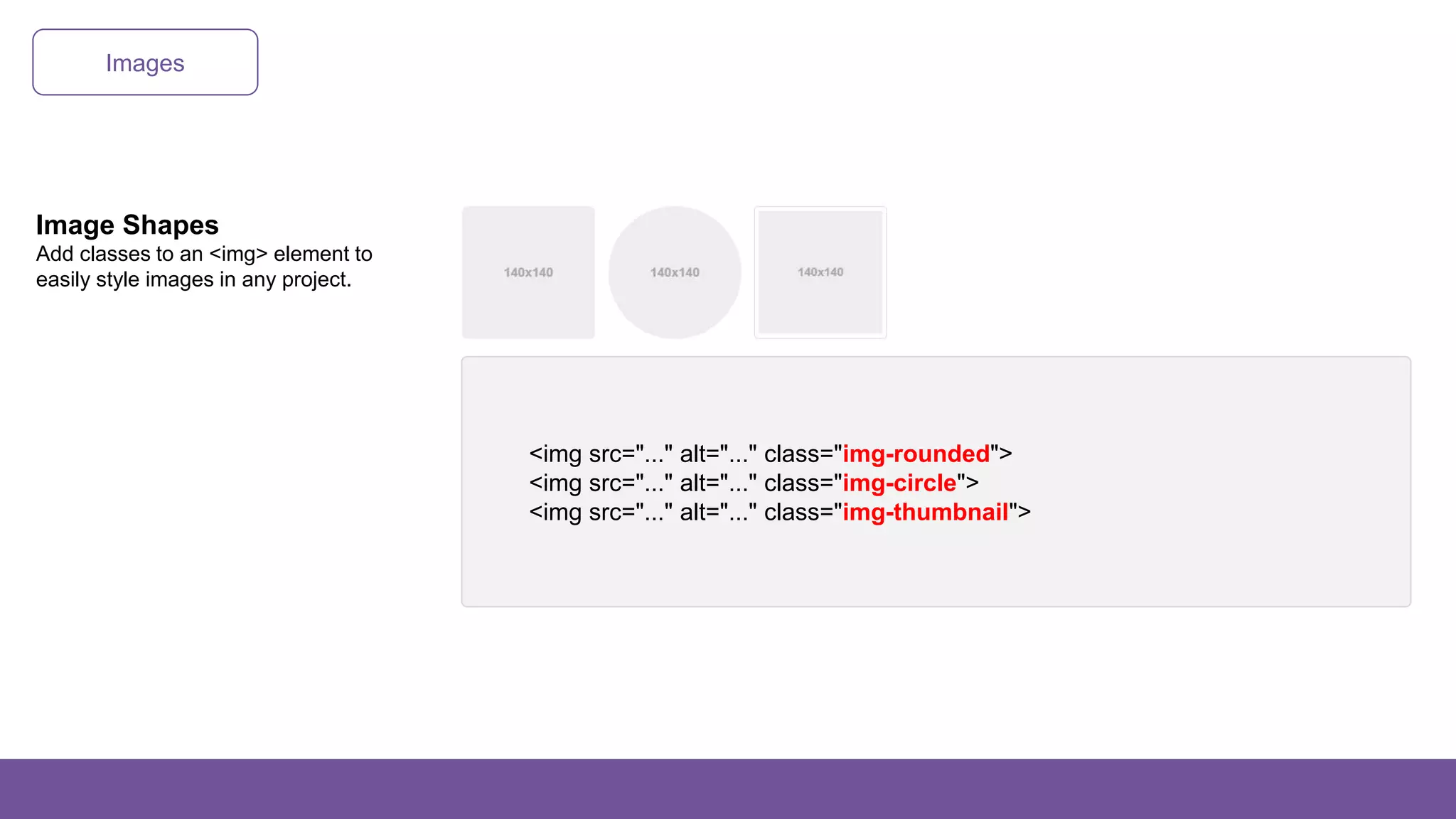 Images
Image Shapes
Add classes to an <img> element to
easily style images in any project.
<img src="..." alt="..." class="img-rounded">
<img src="..." alt="..." class="img-circle">
<img src="..." alt="..." class="img-thumbnail">
 